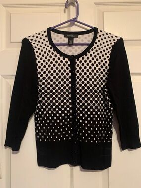 White House Black Market Black White Polka Dot Cardigan Lightweight 3/4 sleeve